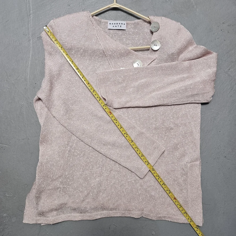Vintage Barbara Katz Feather Pink Sz M Lenin Blend Knit Bliuse Shell Button - Picture 14 of 16